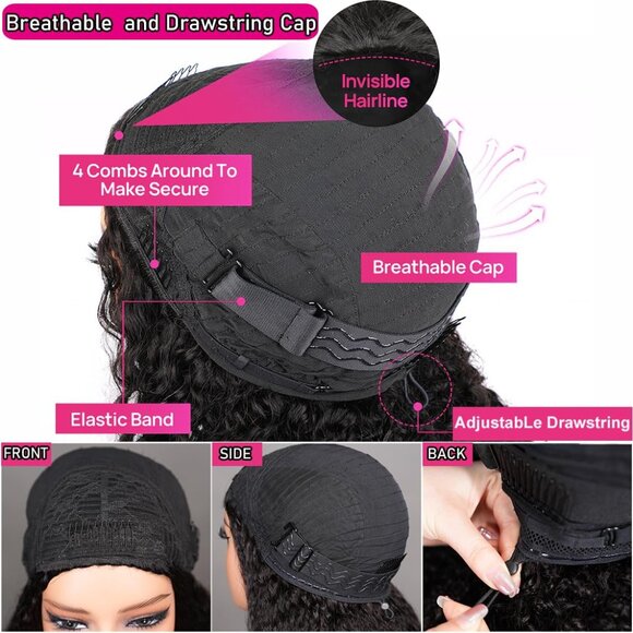 Kinky Curly Human Hair Half Wig 16 Inch 3 In 1 Headband Glueless Curly Wig - Picture 4 of 7